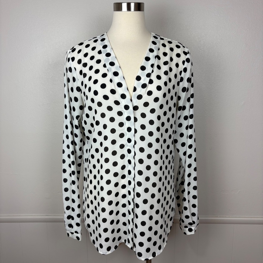 Long Tall Sally Blouse Size 12 Ivory Black Polka Dot Chiffon‎ Career Button Up